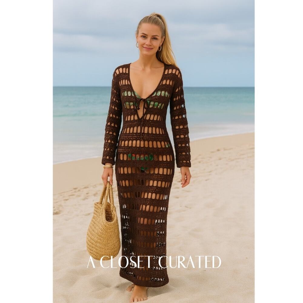 Elexiay Long Sleeve Crochet Maxi Swim Cover Up Small Brown NEW